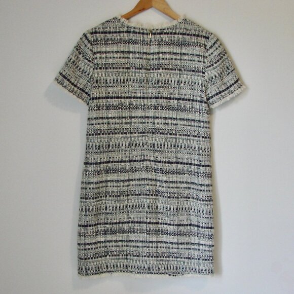 Trina Turk Tweed Midi Dress Navy White Shift V-neck Fringe Business Office 8 - Picture 12 of 16